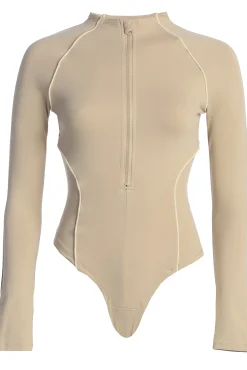 Beige Rise Up Zip Front Bodysuit*JLUXLABEL Clearance