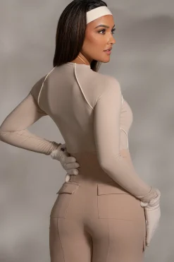 Beige Rise Up Zip Front Bodysuit*JLUXLABEL Clearance