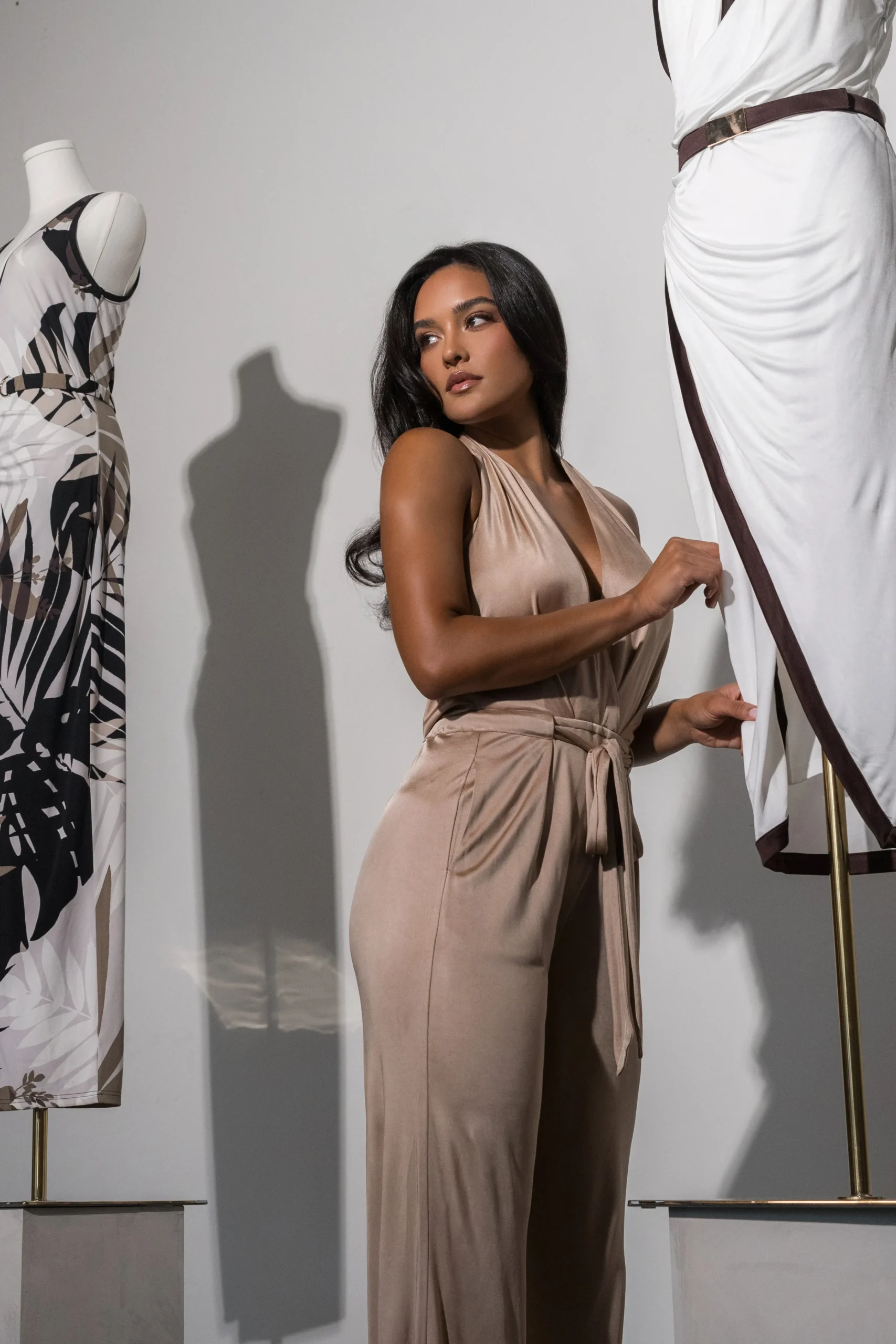 Beige Slinky Halter Belted Jumpsuit*JLUXLABEL Fashion