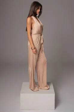Beige Slinky Halter Belted Jumpsuit*JLUXLABEL Fashion