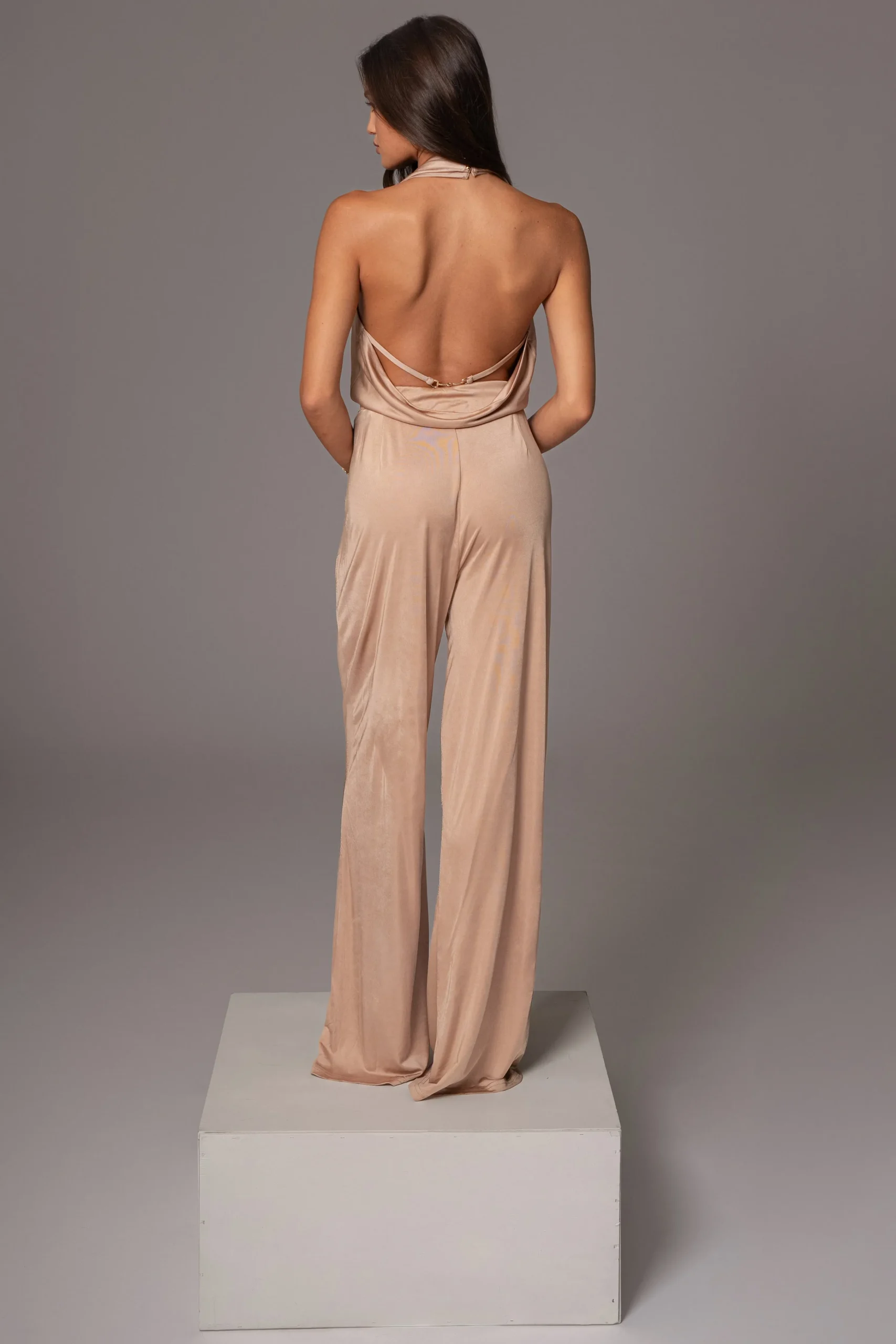 Beige Slinky Halter Belted Jumpsuit*JLUXLABEL Fashion