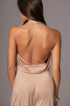 Beige Slinky Halter Belted Jumpsuit*JLUXLABEL Fashion