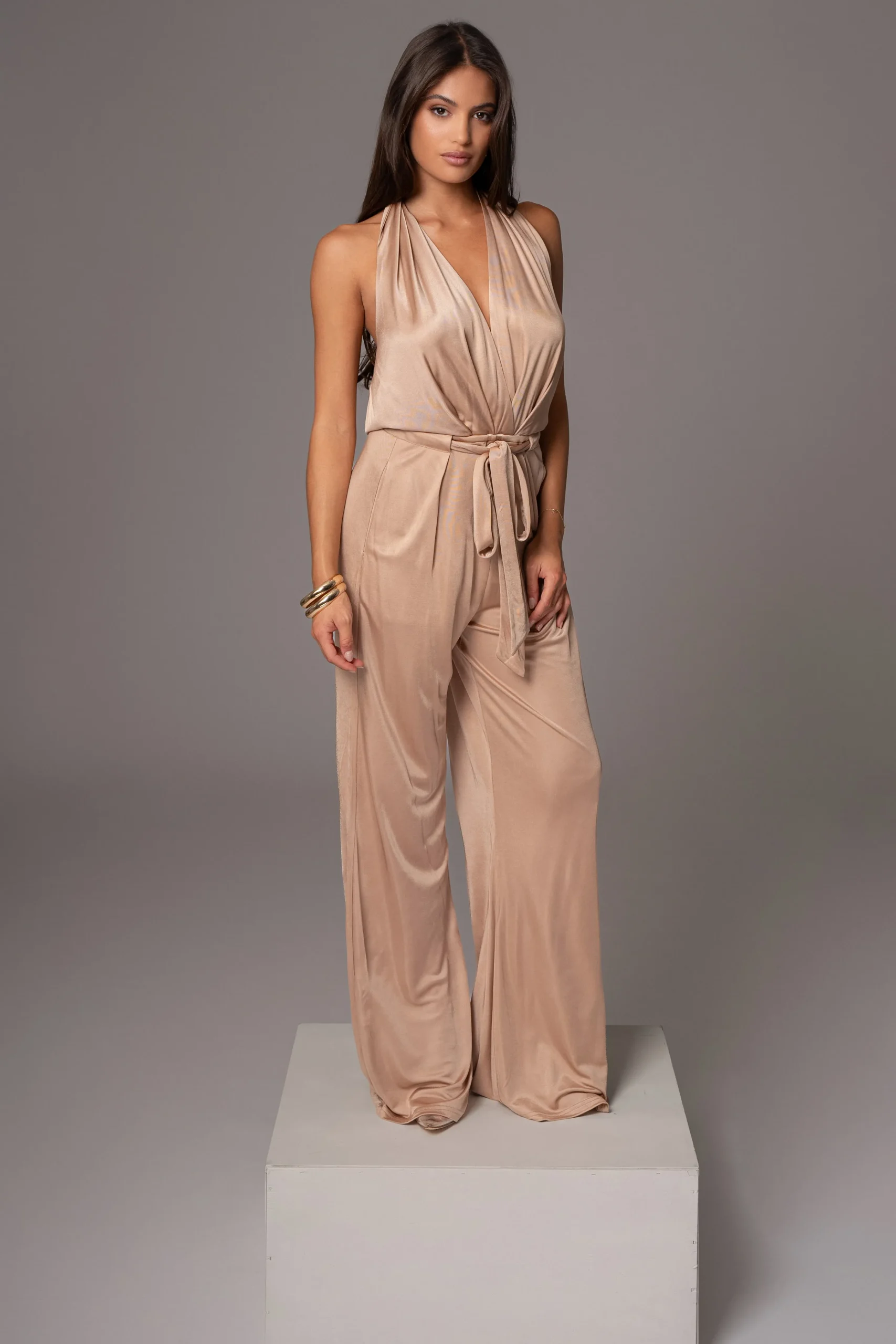 Beige Slinky Halter Belted Jumpsuit*JLUXLABEL Fashion