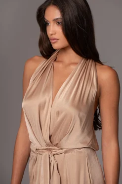 Beige Slinky Halter Belted Jumpsuit*JLUXLABEL Fashion