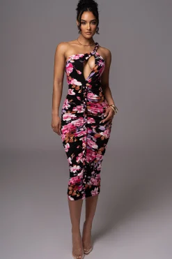 Black Floral Jess Ruched Midi Dress*JLUXLABEL Online