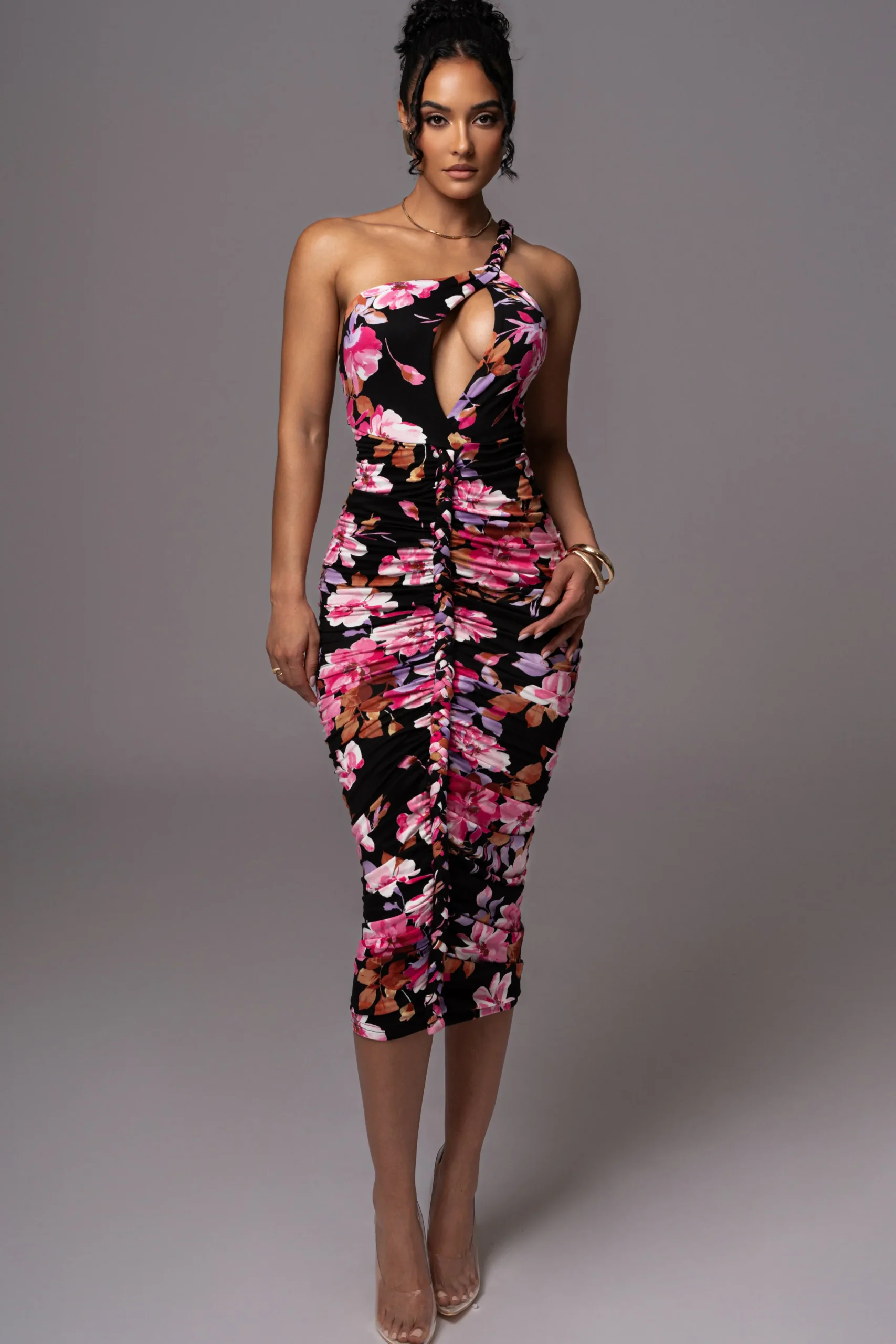 Black Floral Jess Ruched Midi Dress*JLUXLABEL Online