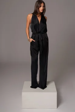 Black Slinky Halter Belted Jumpsuit*JLUXLABEL Best