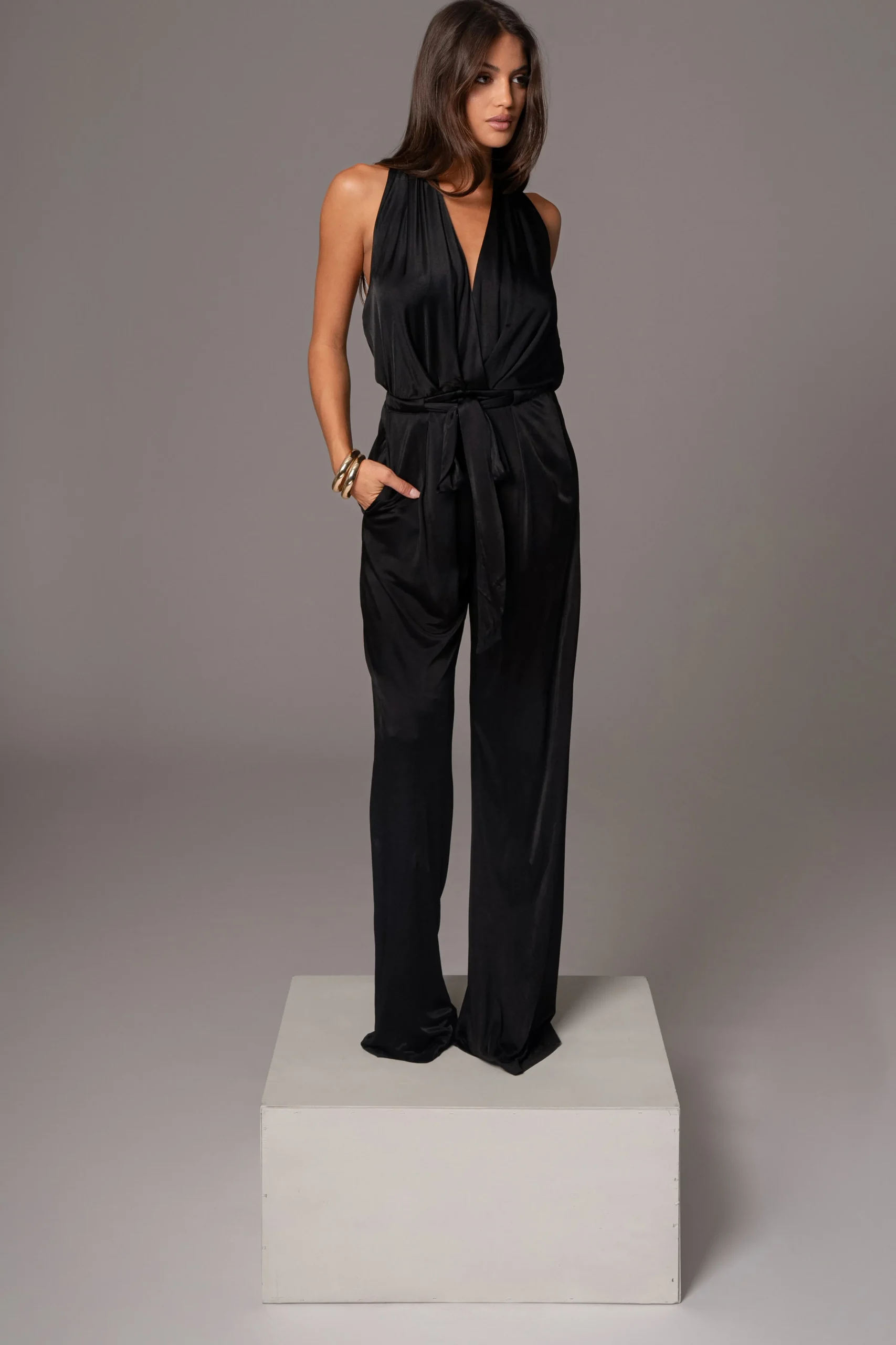 Black Slinky Halter Belted Jumpsuit*JLUXLABEL Best