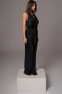 Black Slinky Halter Belted Jumpsuit*JLUXLABEL Best