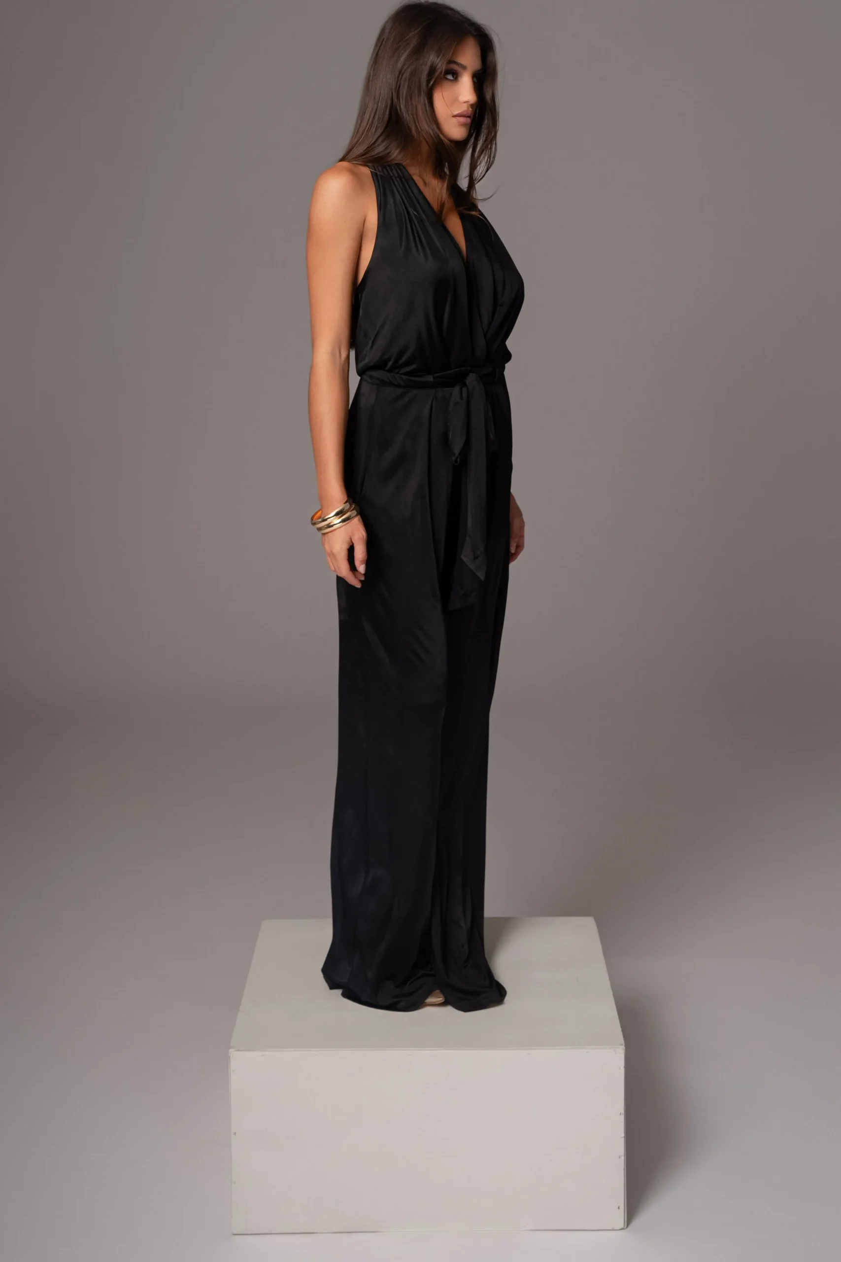 Black Slinky Halter Belted Jumpsuit*JLUXLABEL Best