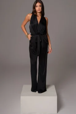 Black Slinky Halter Belted Jumpsuit*JLUXLABEL Best