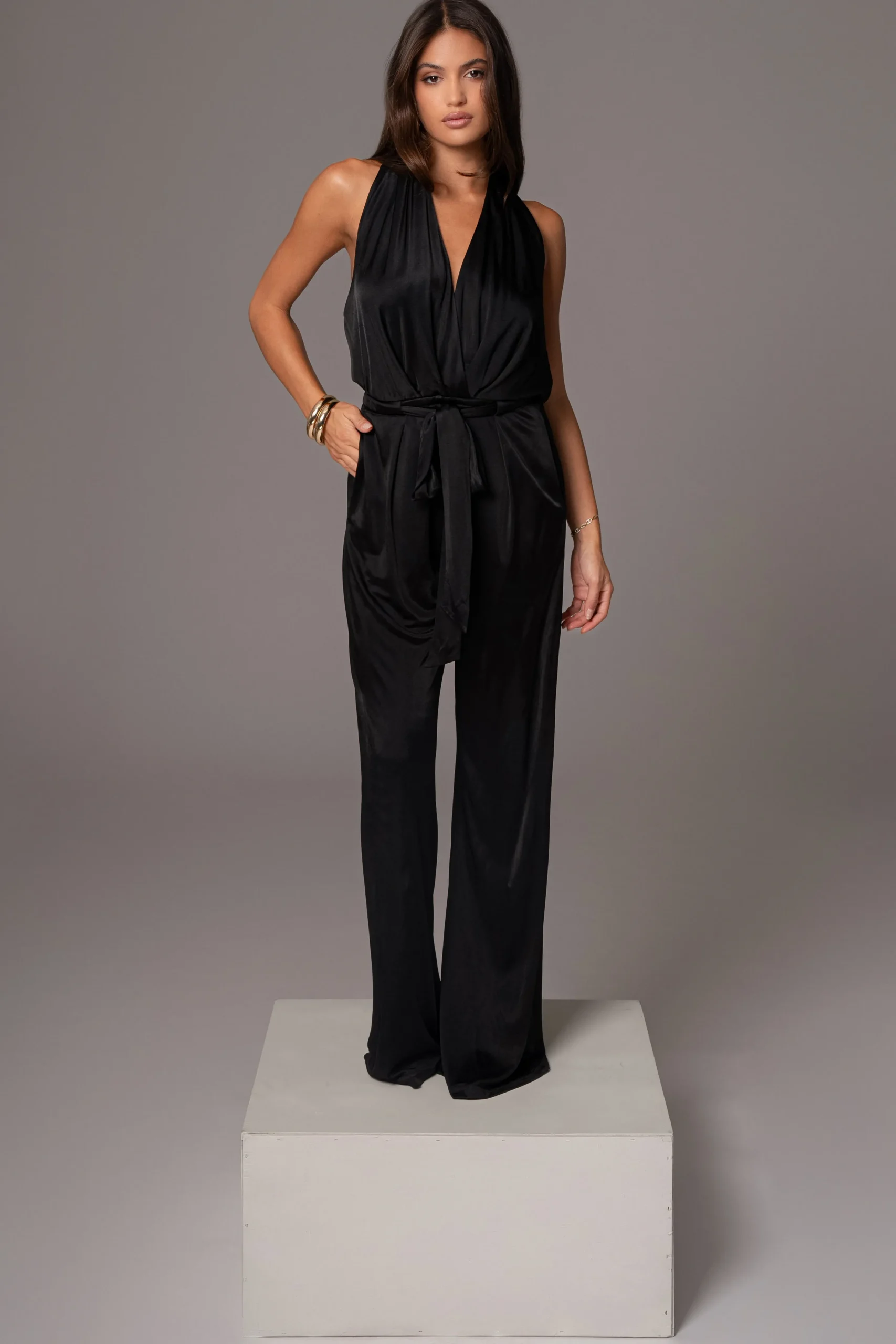 Black Slinky Halter Belted Jumpsuit*JLUXLABEL Best
