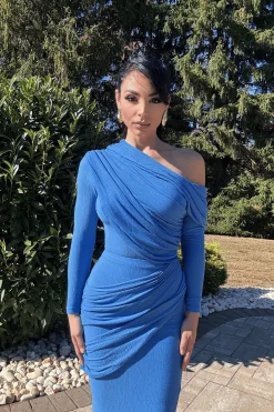 Blue Textured One Shoulder Bodysuit*JLUXLABEL Clearance