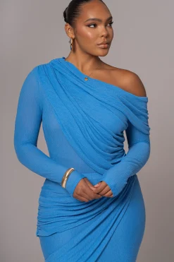 Blue Textured One Shoulder Bodysuit*JLUXLABEL Clearance