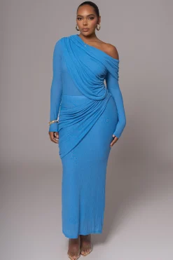 Blue Textured One Shoulder Bodysuit*JLUXLABEL Clearance