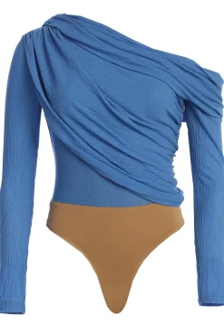 Blue Textured One Shoulder Bodysuit*JLUXLABEL Clearance