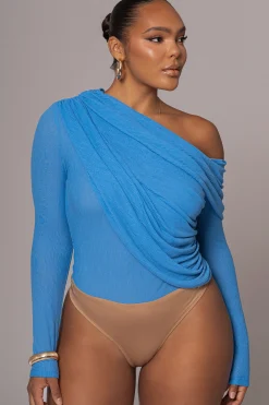 Blue Textured One Shoulder Bodysuit*JLUXLABEL Clearance