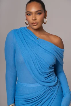 Blue Textured One Shoulder Bodysuit*JLUXLABEL Clearance