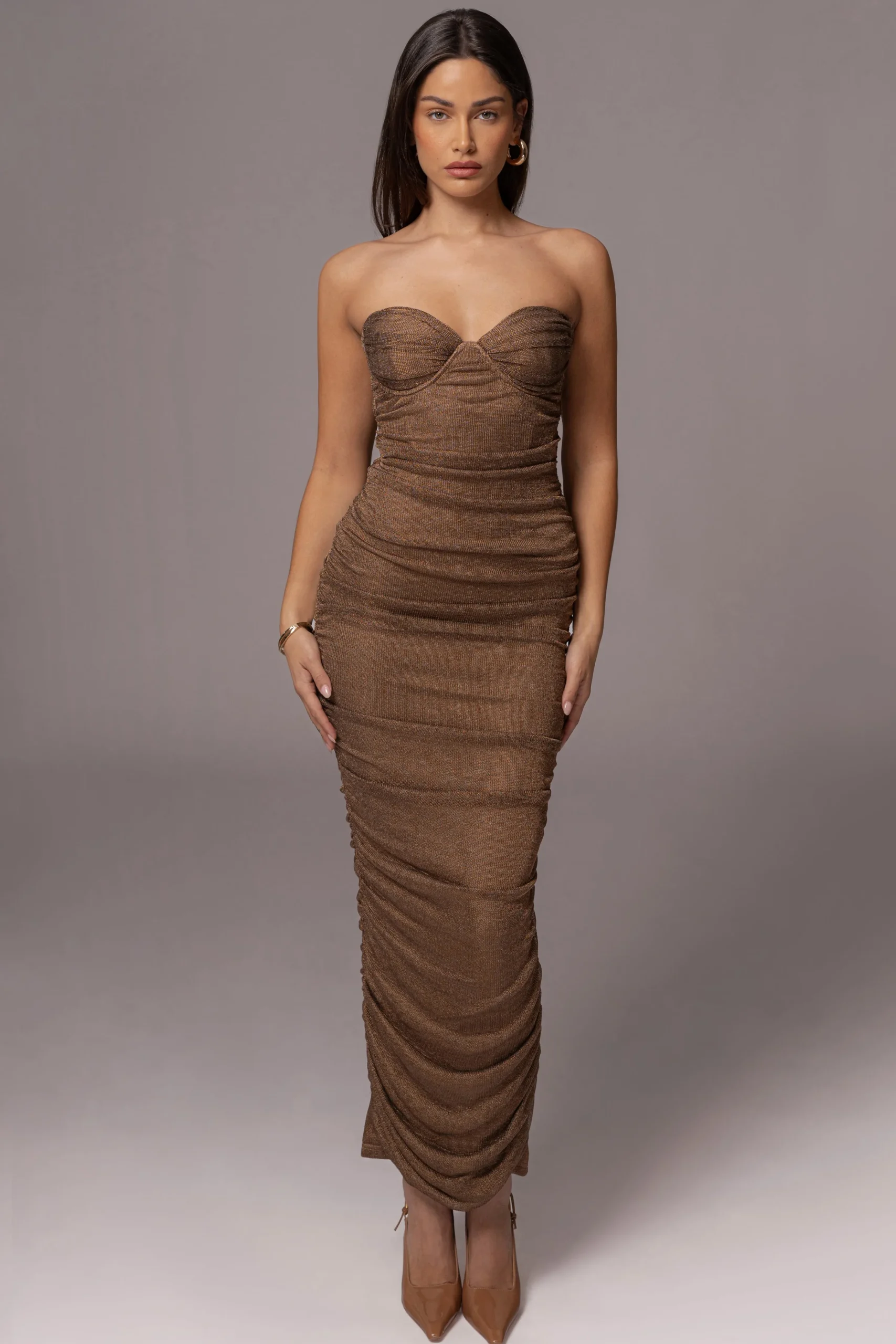 Bronze Ruched Metallic Maxi Dress*JLUXLABEL Sale