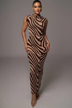 Brown Abstract Print Edel Mock Maxi Dress*JLUXLABEL Fashion
