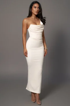 Buttercream Denim Krishna One Shoulder Maxi Dress*JLUXLABEL Clearance