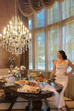 Buttercream Denim Krishna One Shoulder Maxi Dress*JLUXLABEL Clearance