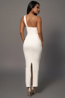 Buttercream Denim Krishna One Shoulder Maxi Dress*JLUXLABEL Clearance