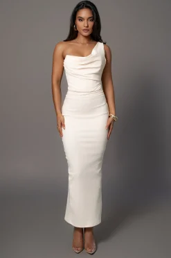 Buttercream Denim Krishna One Shoulder Maxi Dress*JLUXLABEL Clearance