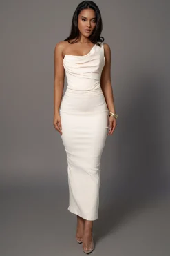 Buttercream Denim Krishna One Shoulder Maxi Dress*JLUXLABEL Clearance