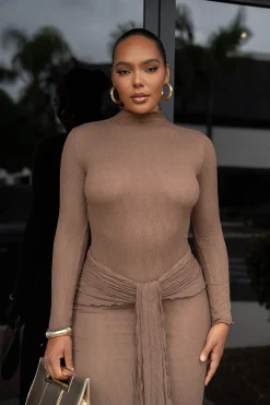 Chocolate Drape Mock Neck Dress*JLUXLABEL Fashion