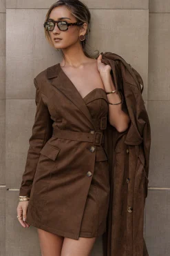 Chocolate One Shoulder Suede Blazer Dress*JLUXLABEL Sale