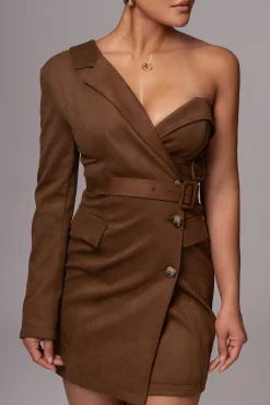 Chocolate One Shoulder Suede Blazer Dress*JLUXLABEL Sale