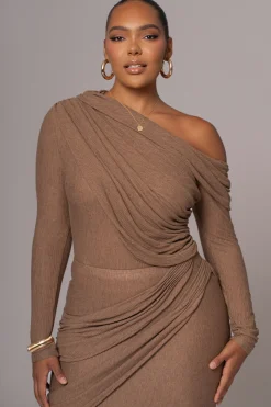 Chocolate Textured One Shoulder Bodysuit*JLUXLABEL Outlet