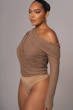 Chocolate Textured One Shoulder Bodysuit*JLUXLABEL Outlet