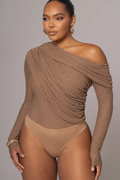 Chocolate Textured One Shoulder Bodysuit*JLUXLABEL Outlet