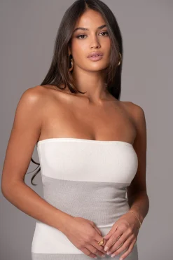 Ivory/Heather Grey Striped Strapless Midi Dress*JLUXLABEL Outlet