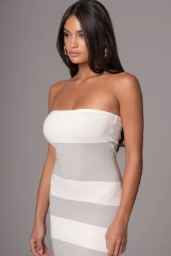 Ivory/Heather Grey Striped Strapless Midi Dress*JLUXLABEL Outlet