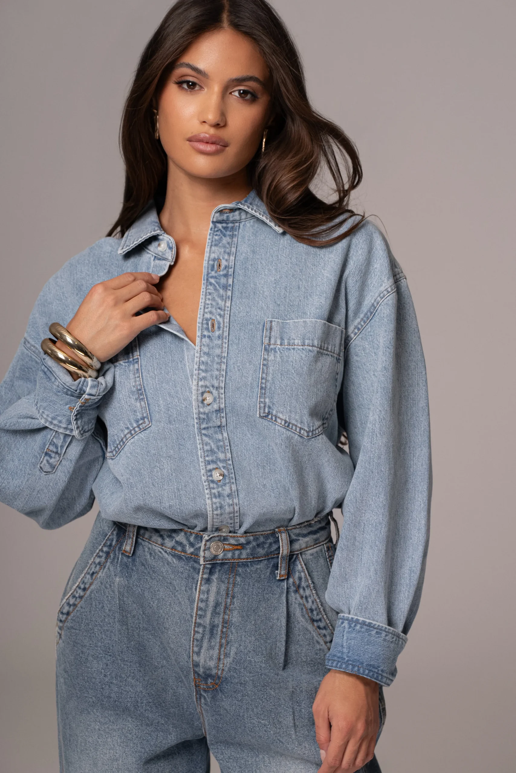 Light Wash Denim Brandi Oversized Button Up*JLUXLABEL Clearance