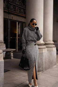 Lt. Grey Gisele Tweed Slit Skirt*JLUXLABEL Best