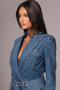 Medium Wash Dominica Structured Denim Bodysuit*JLUXLABEL Outlet