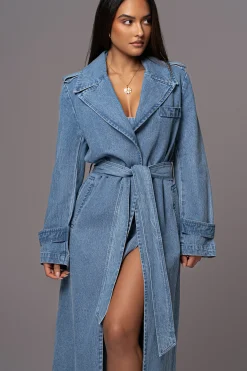 Medium Wash Savannah Belted Denim Coat*JLUXLABEL Clearance