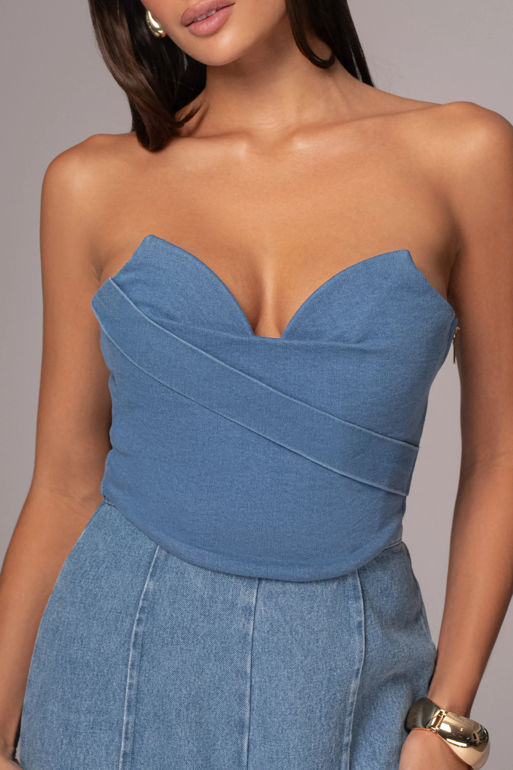 Medium Wash Teyana Denim Bustier*JLUXLABEL Clearance