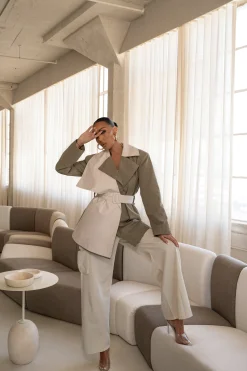 Olive Color Block Summit Belted Jacket*JLUXLABEL Sale