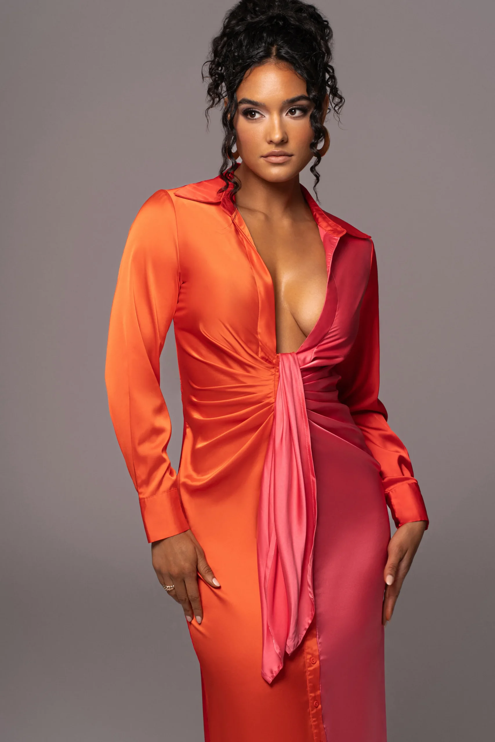 Pink Color Block Satin Midi Dress*JLUXLABEL New