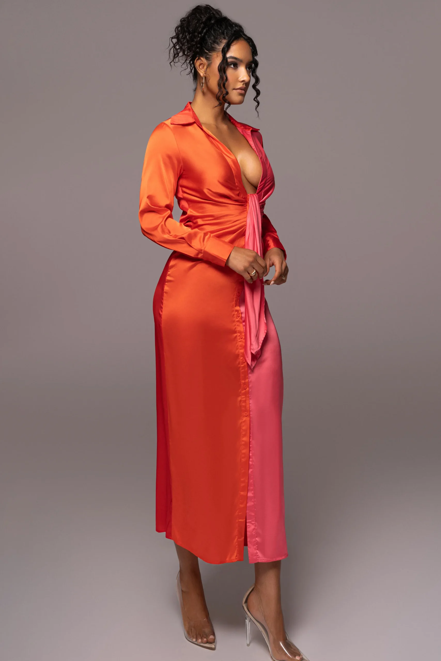 Pink Color Block Satin Midi Dress*JLUXLABEL New