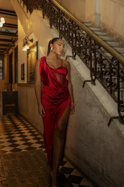 Red Anastacia Drape Maxi Dress*JLUXLABEL New