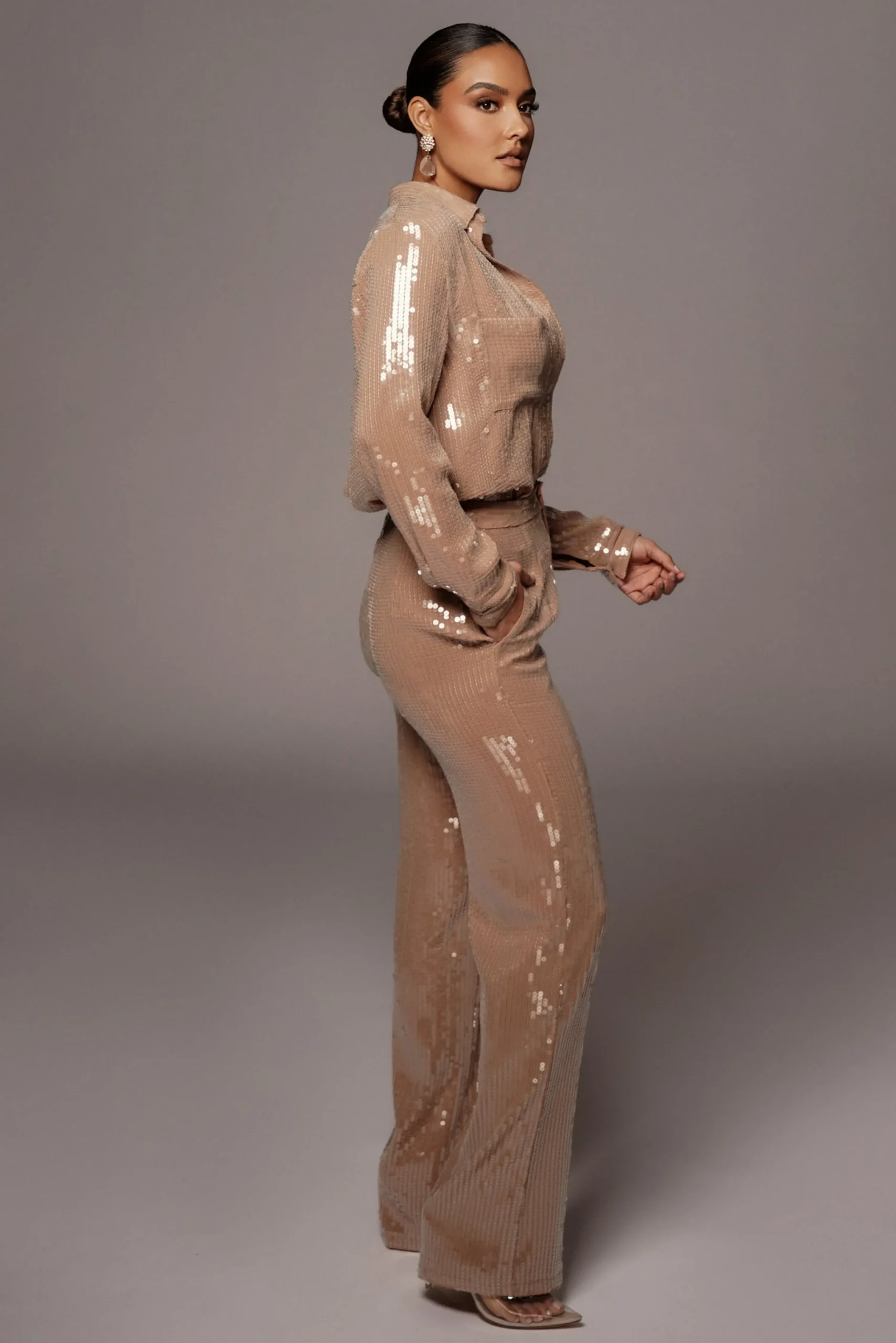 Tan Baguette Sequin Button Up*JLUXLABEL Hot