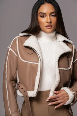 Tan Faux Leather Sherpa Jacket*JLUXLABEL New