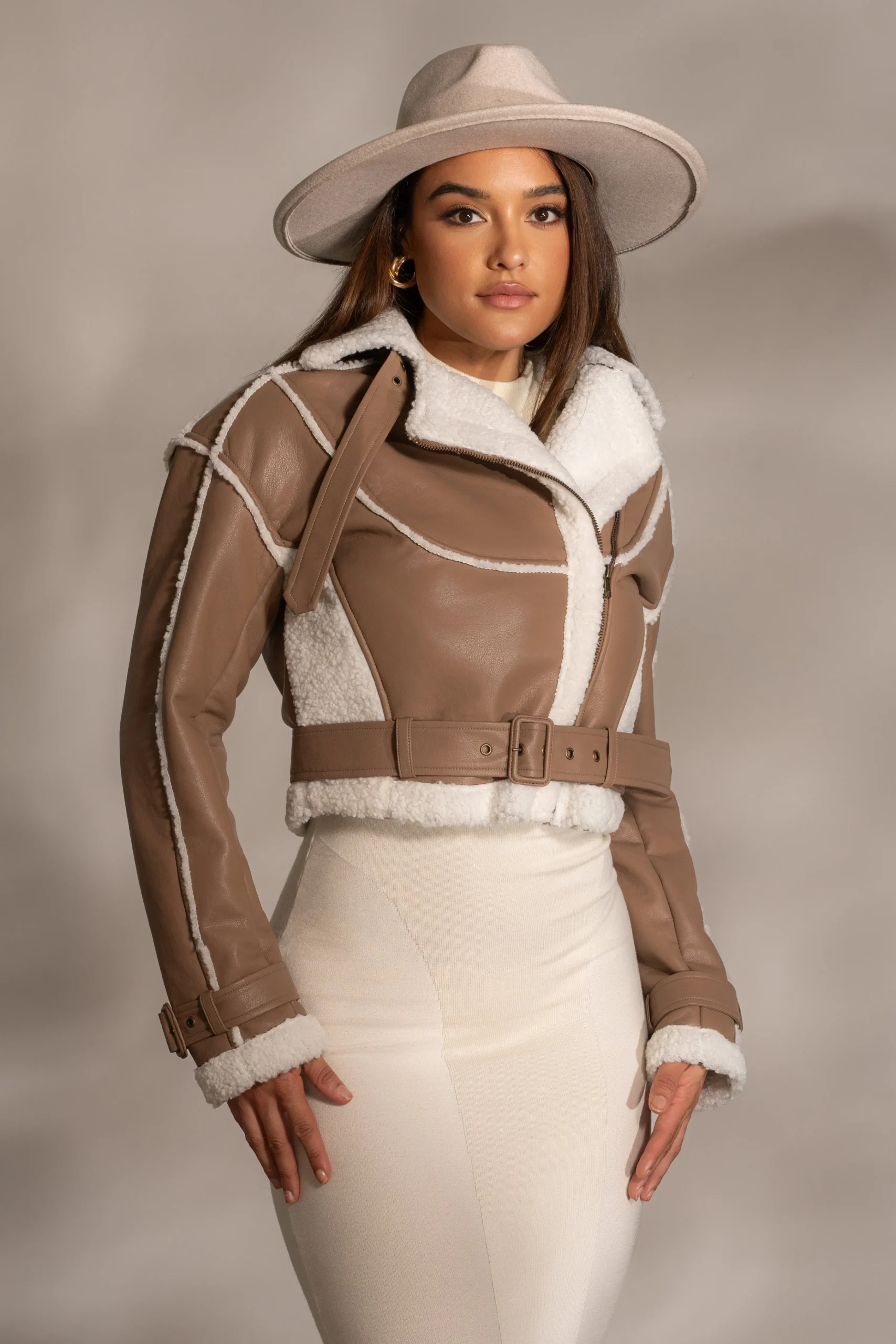 Tan Faux Leather Sherpa Jacket*JLUXLABEL New