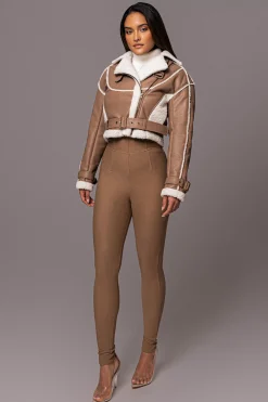 Tan Faux Leather Sherpa Jacket*JLUXLABEL New